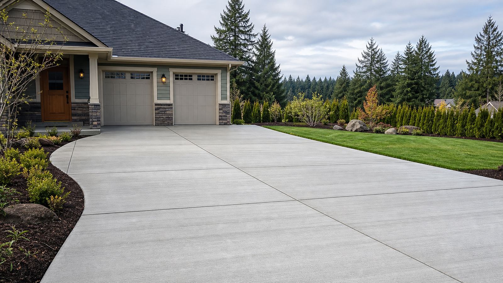 Fresh broom-finish concrete driveway at a Pacific Northwest home
