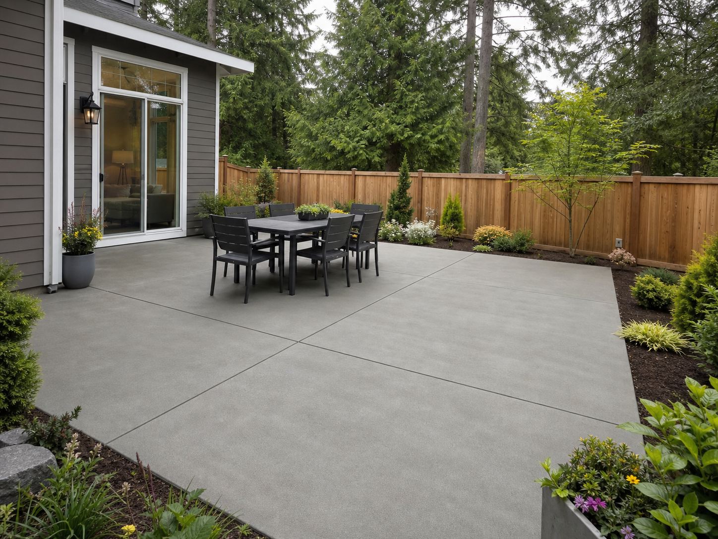 Finished concrete backyard patio with Pacific Northwest landscaping
