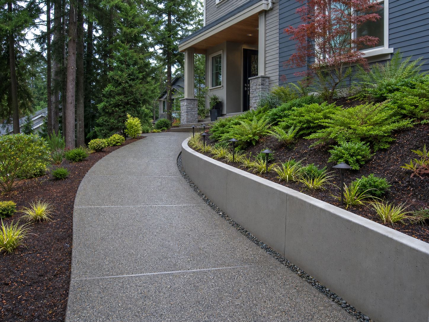 Low concrete retaining wall alongside a landscaped walkway
