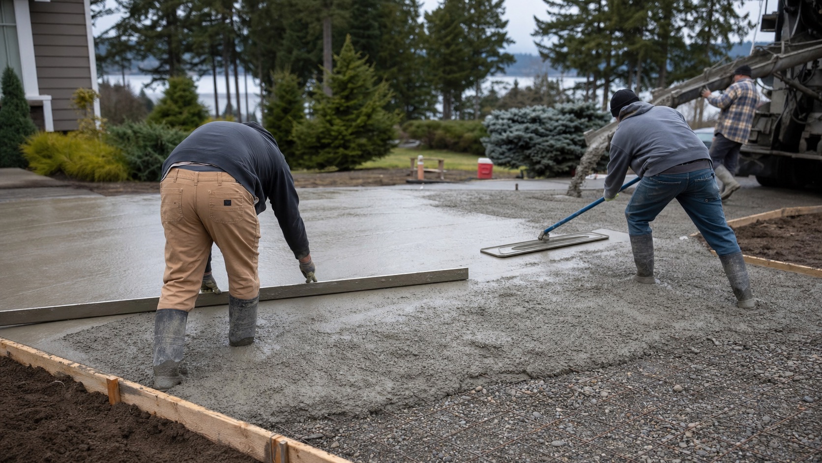 Concrete crew preparing a reinforced slab pour